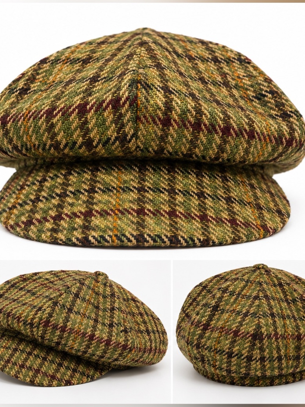 Vintage Plaid Newsboy Baker Boy Cap Olive Burgundy One Size